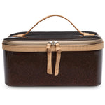 Brown travel case with beige handle and zipper on a white background