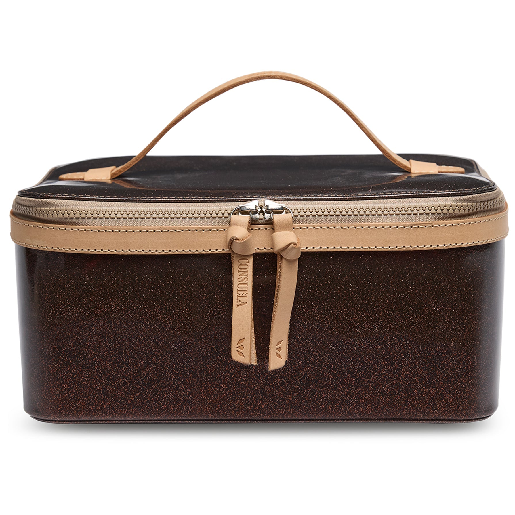 Brown travel case with beige handle and zipper on a white background