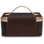 Brown travel case with beige trim on a white background