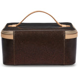 Brown travel case with beige trim on a white background