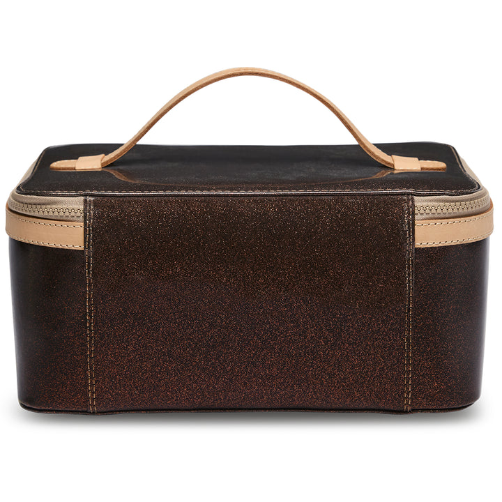 Brown travel case with beige trim on a white background