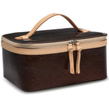 Brown travel case with beige handle and trim on a white background