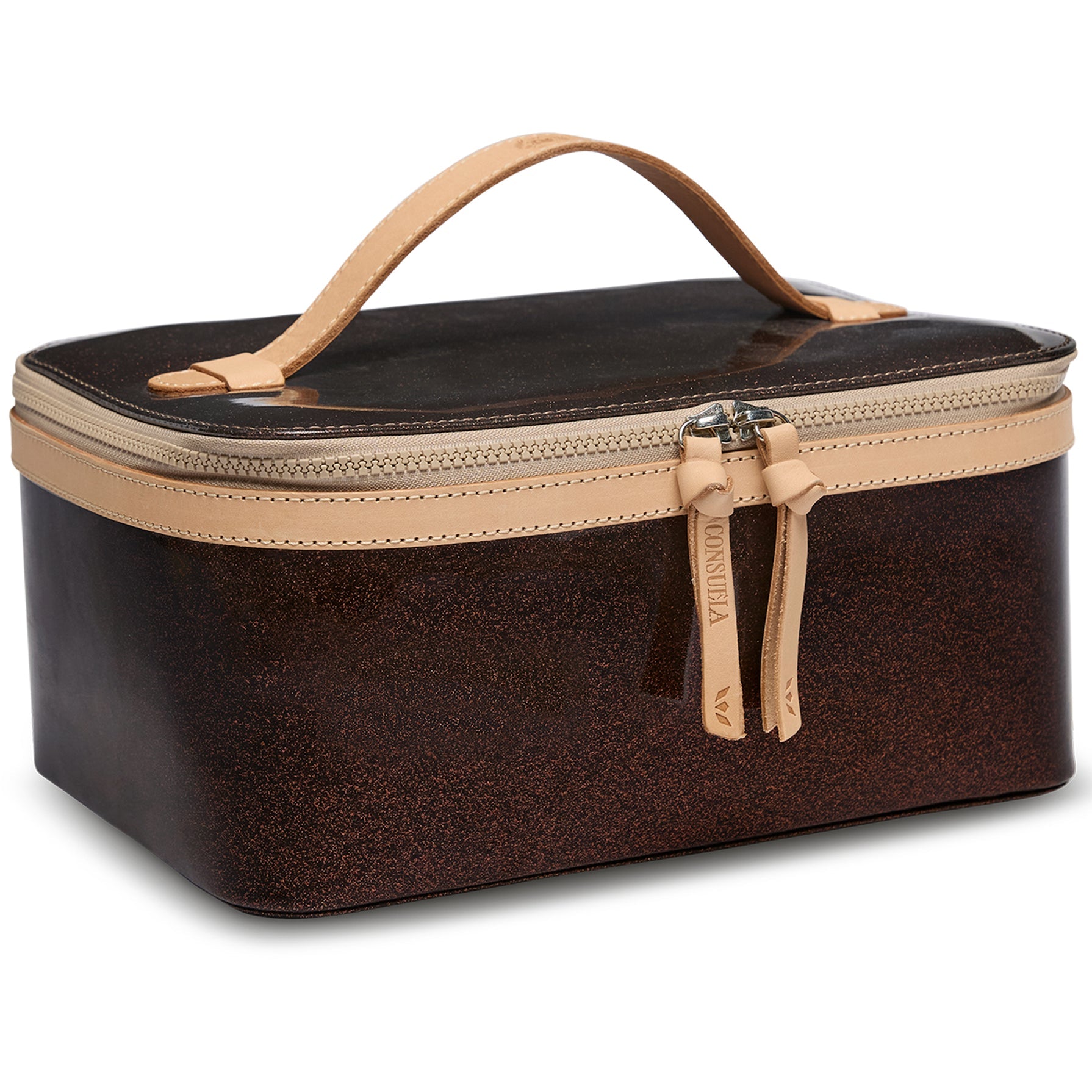 Brown travel case with beige handle and trim on a white background