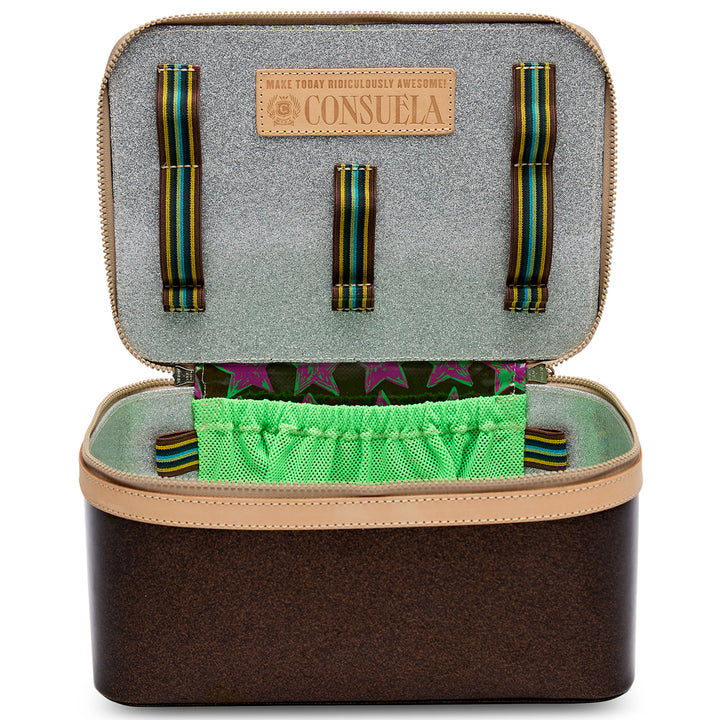 Open Consuela travel case with green interior lining on a white background
