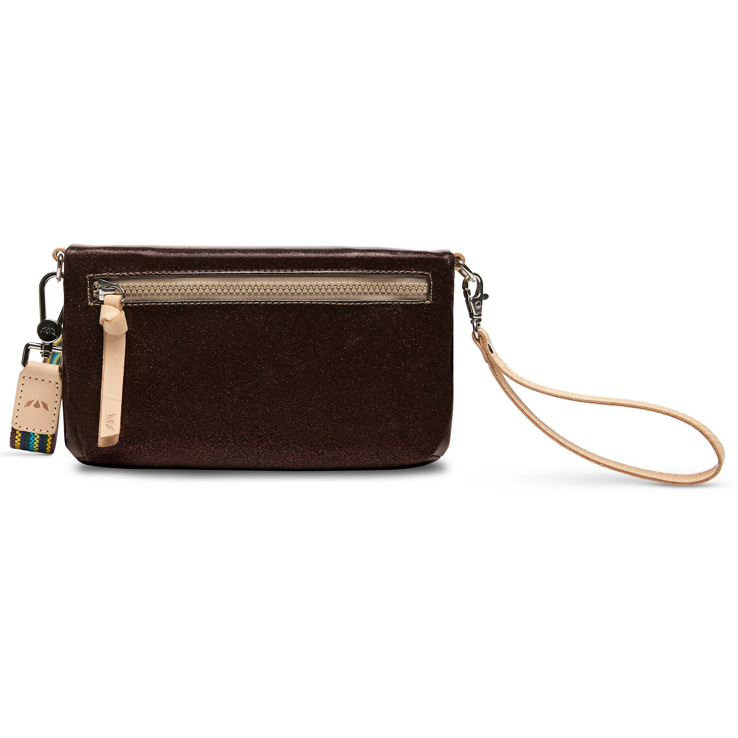 Brown wristlet with a strap on a white background
