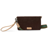 Brown wallet with a strap on a white background