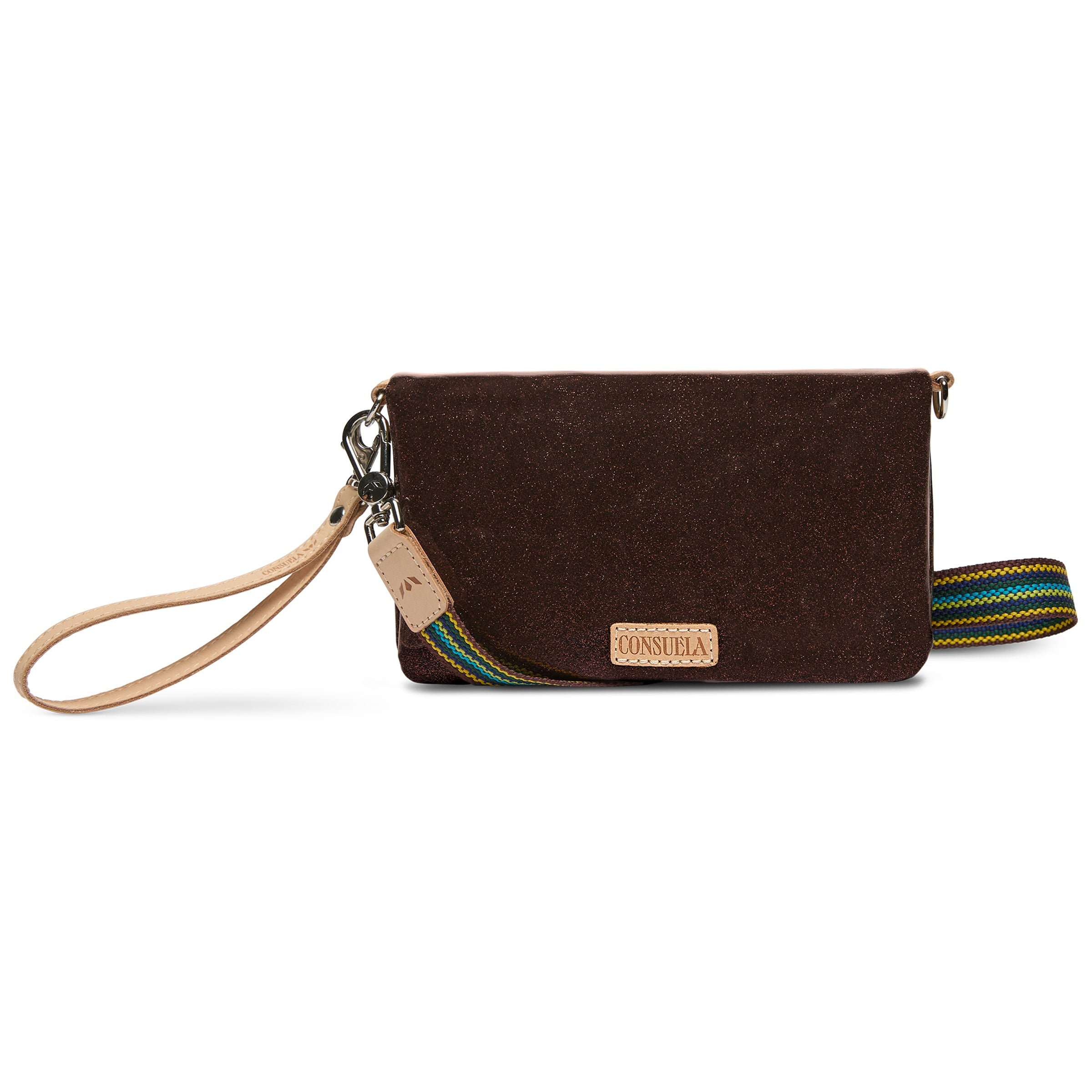 Brown wallet with a strap on a white background