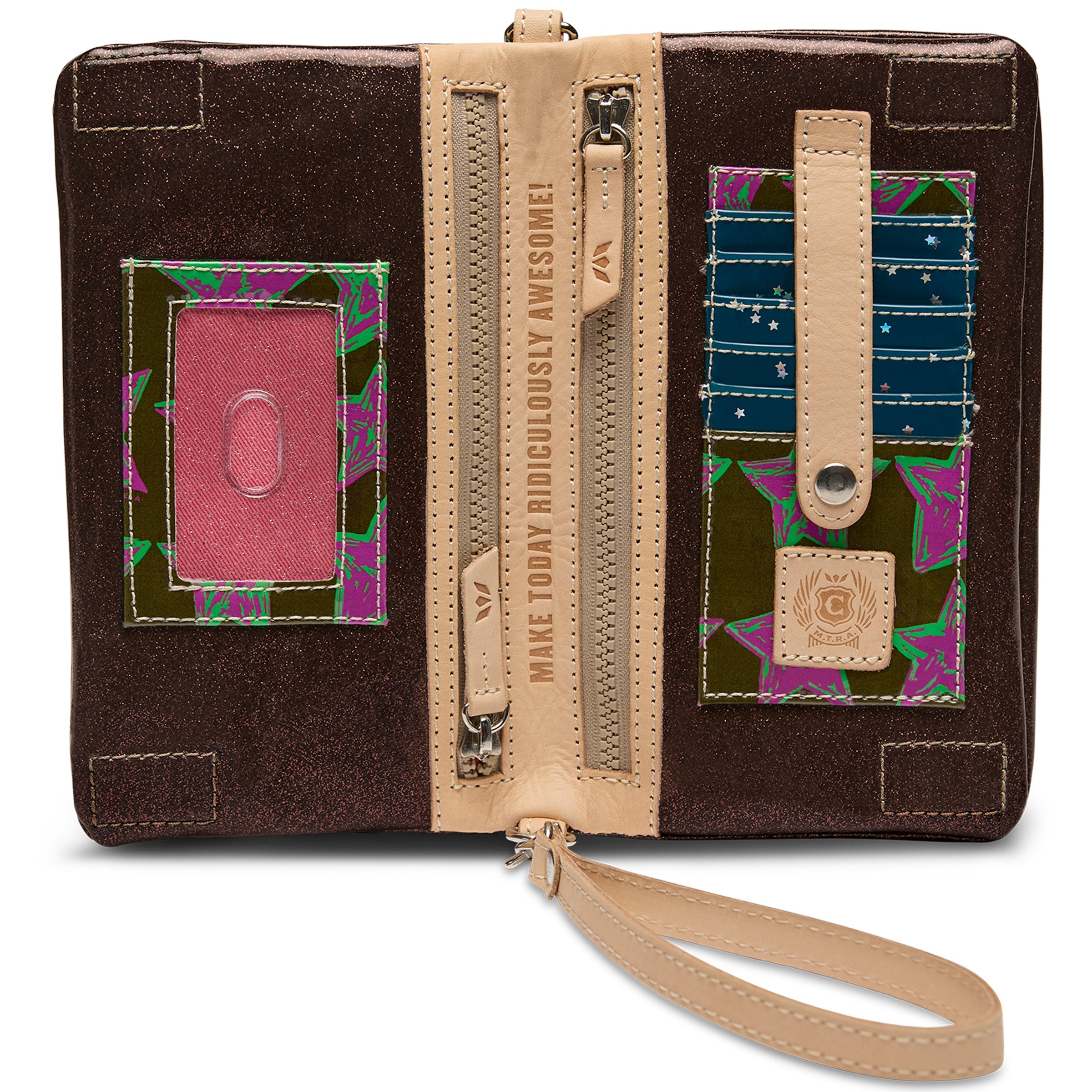 Brown wallet with colorful patches and a strap on a white background