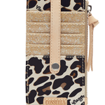Leopard print wallet with beige strap and Consuela branding on a white background