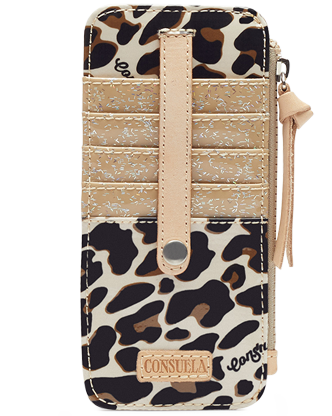 Leopard print wallet with beige strap and Consuela branding on a white background