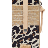 Leopard print wallet with beige strap and Consuela branding on a white background