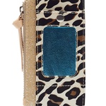 Leopard print phone case with a blue card slot on a white background