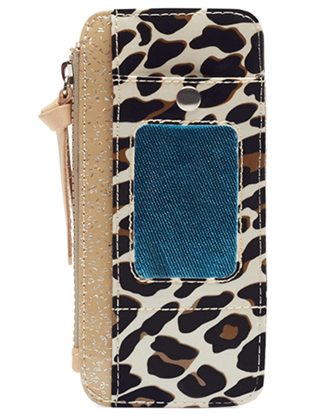 Leopard print phone case with a blue card slot on a white background