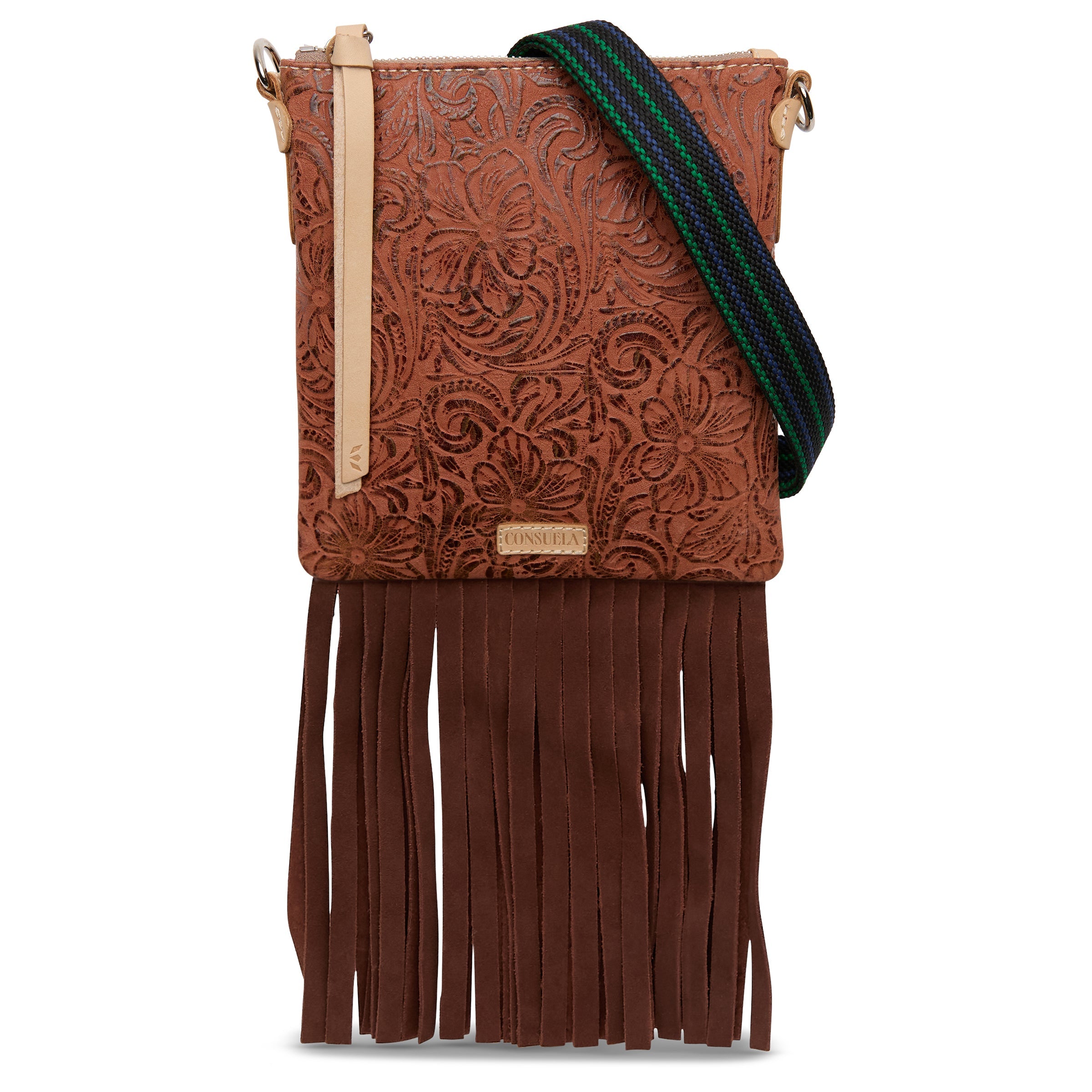 Brown leather crossbody bag with fringes and a strap on a white background