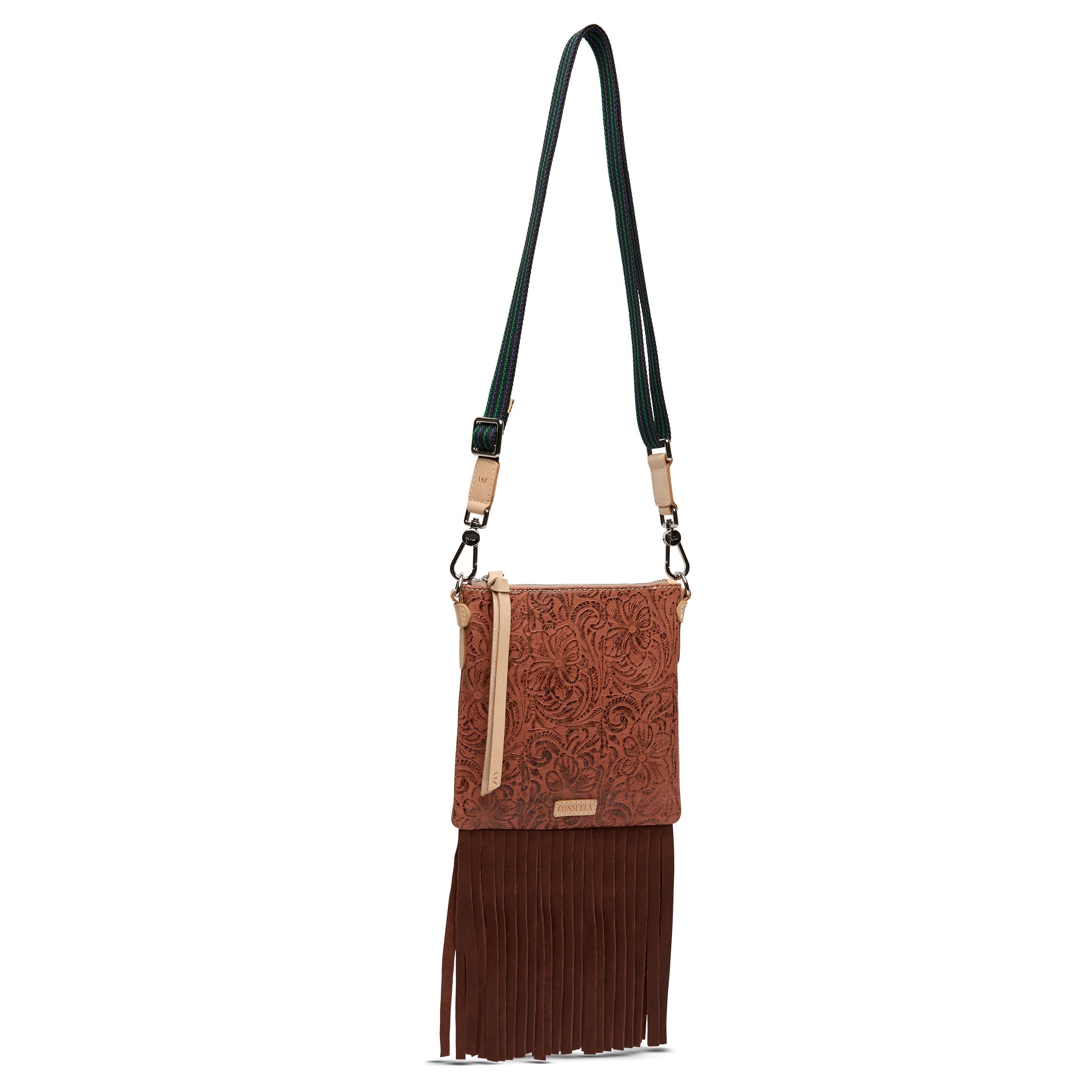 Brown leather crossbody bag with fringes on a white background