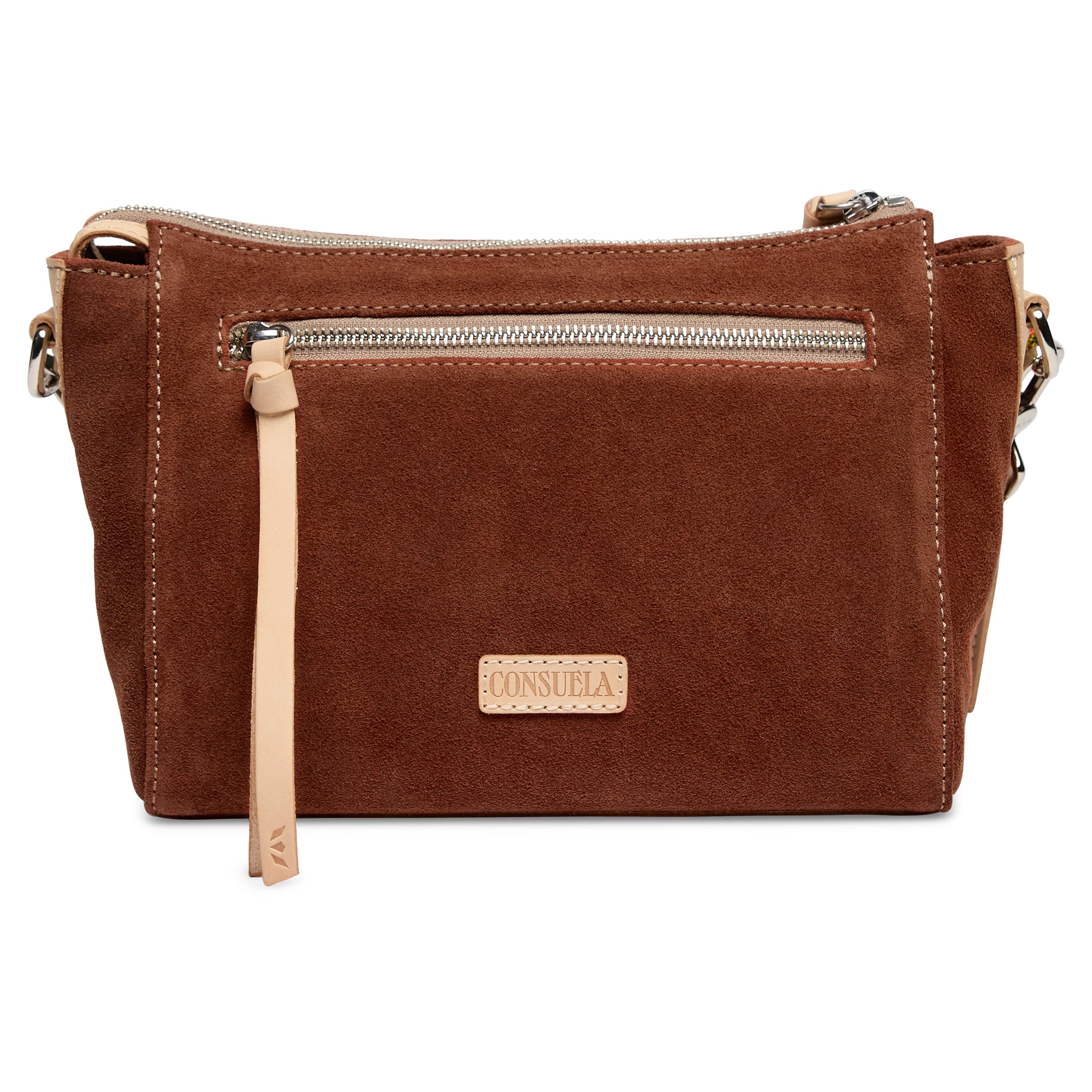 Brown handbag with visible brand logo on a white background