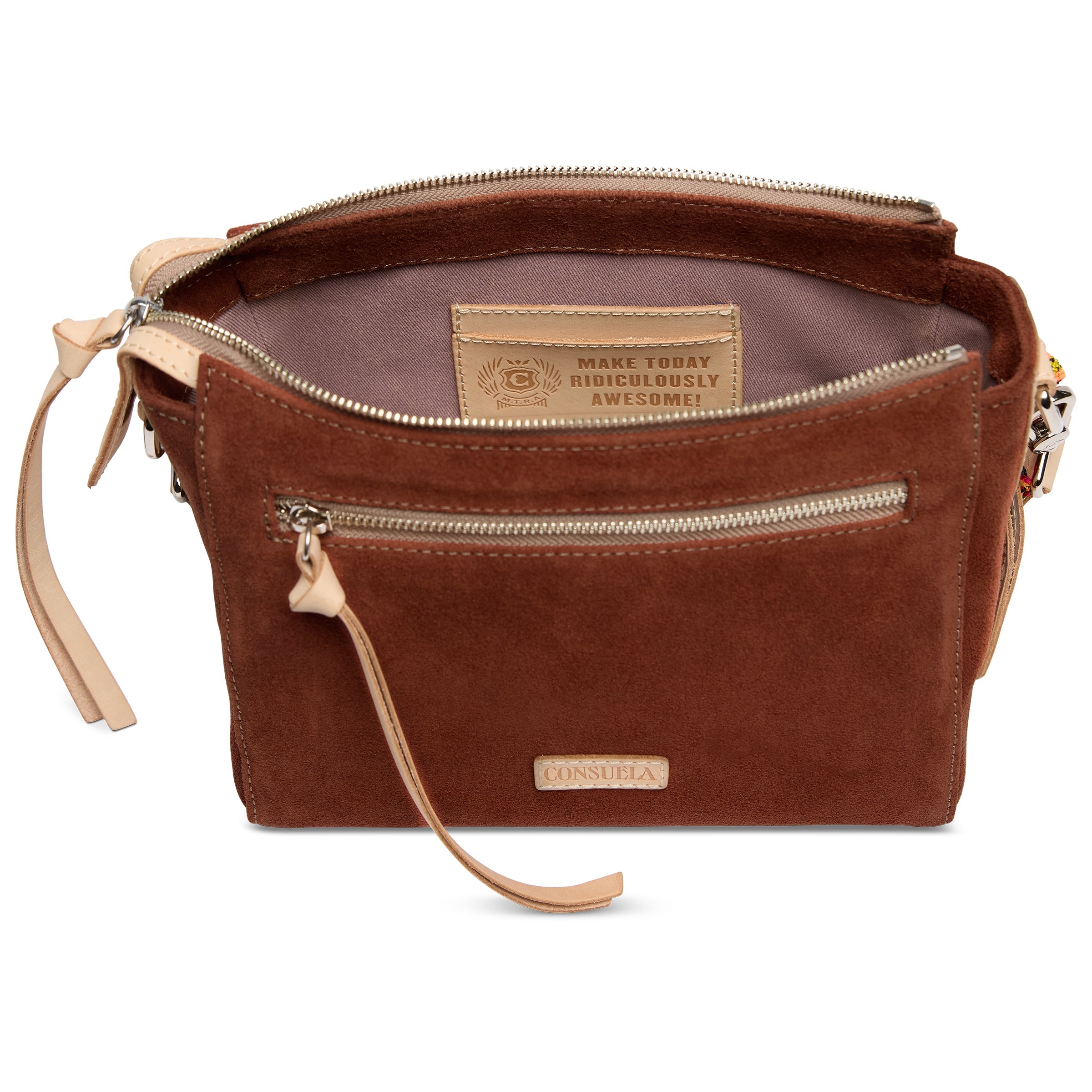 Brown leather handbag with visible brand name on a white background