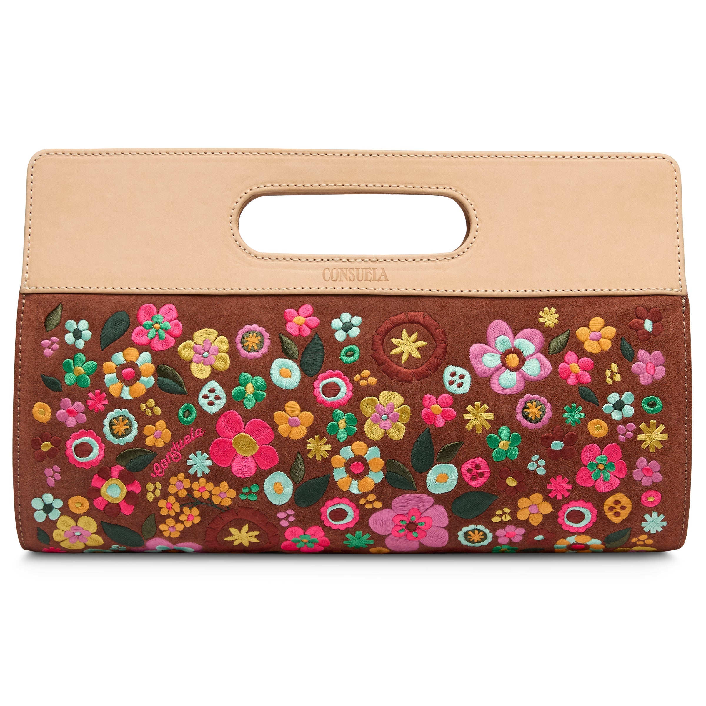 Floral embroidered clutch bag with beige top handle on a white background