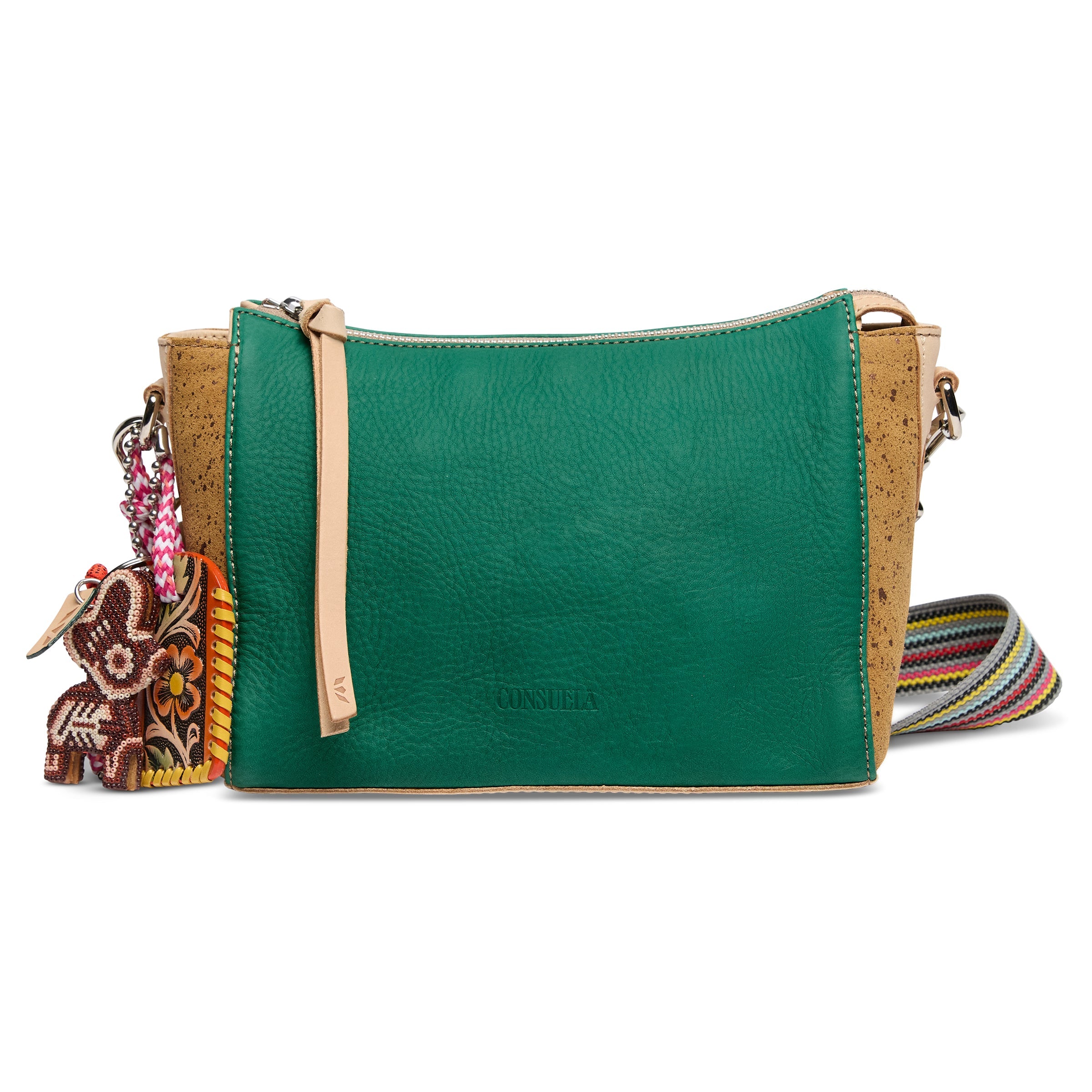 Green handbag with a colorful strap and elephant charm on a white background