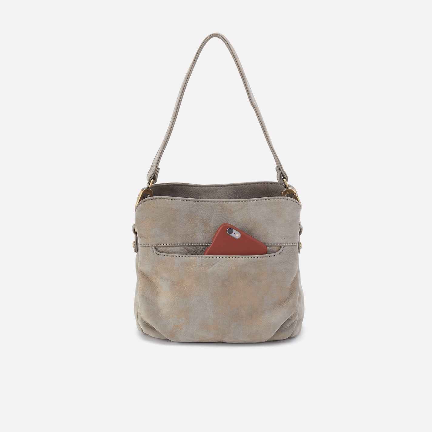 Beige handbag with a red pocket on a white background