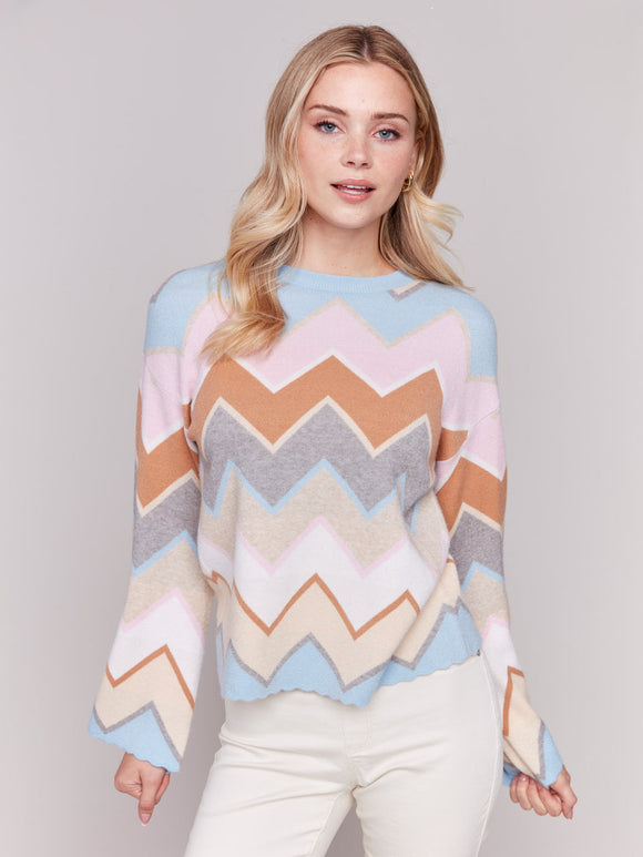 CHEVRON KNIT BELL SLEEVE SWEATER