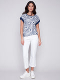 PRINTED WOVEN LINEN KNIT TOP