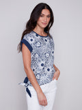 PRINTED WOVEN LINEN KNIT TOP