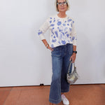 cream and blue patchwork thermal long sleeve tee by johnny was worn by model