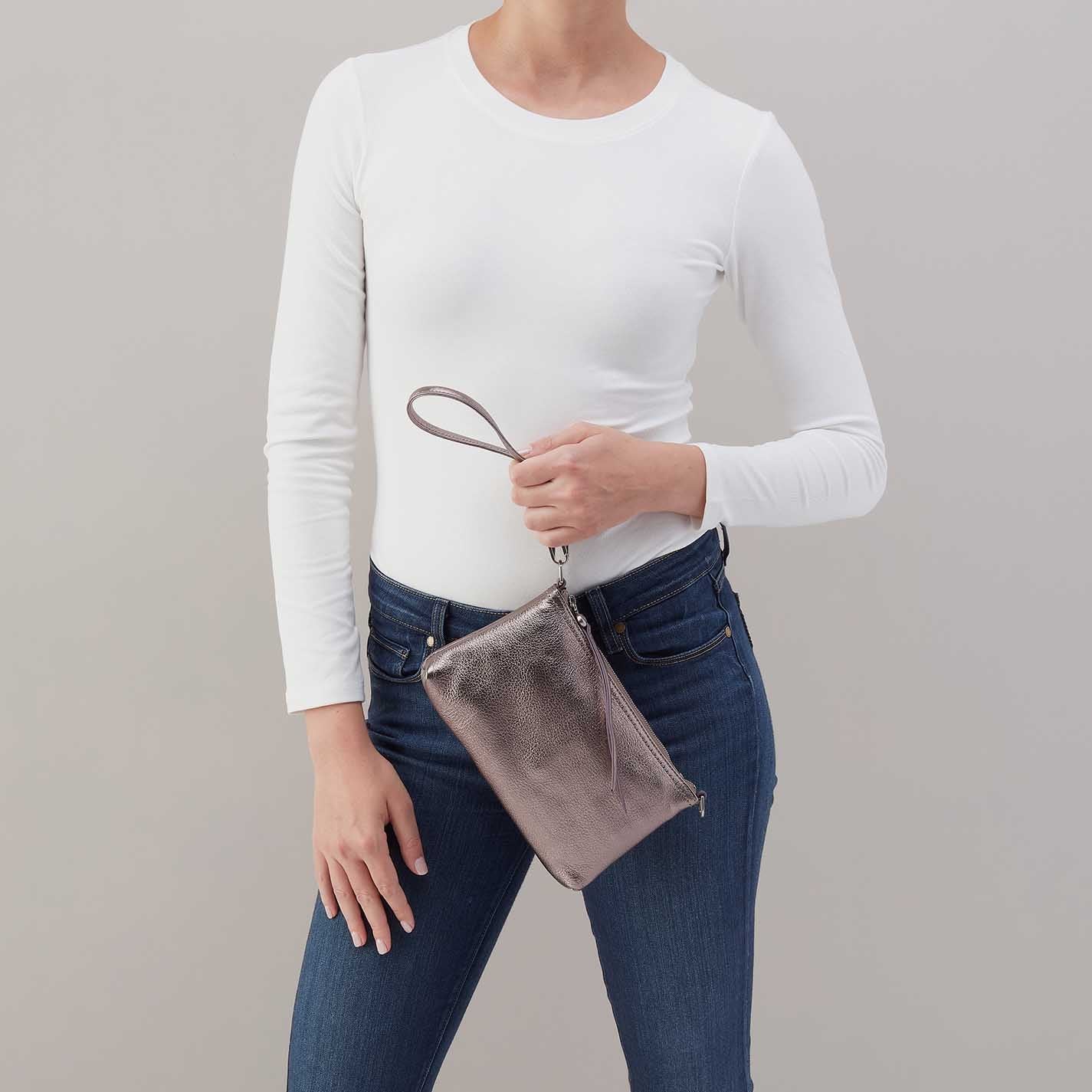 Hobo Darcy Convertible Crossbody in pewter leather with adjustable strap and sleek, versatile design.
