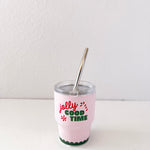 Tumbler with 'Jolly Good Time' text and pink sleeve on a white background