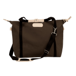Brown tote bag with black straps on a white background
