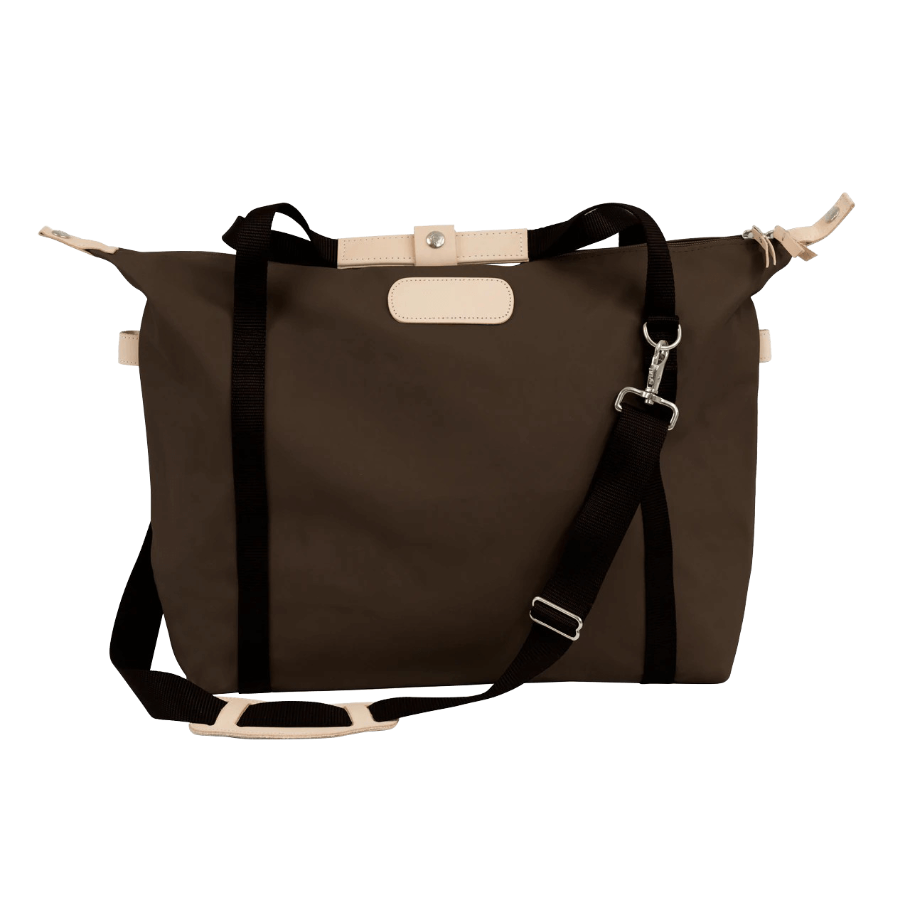 Brown tote bag with black straps on a white background