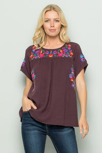 FLORAL EMBROIDERY SHORT SLEEVE TOP