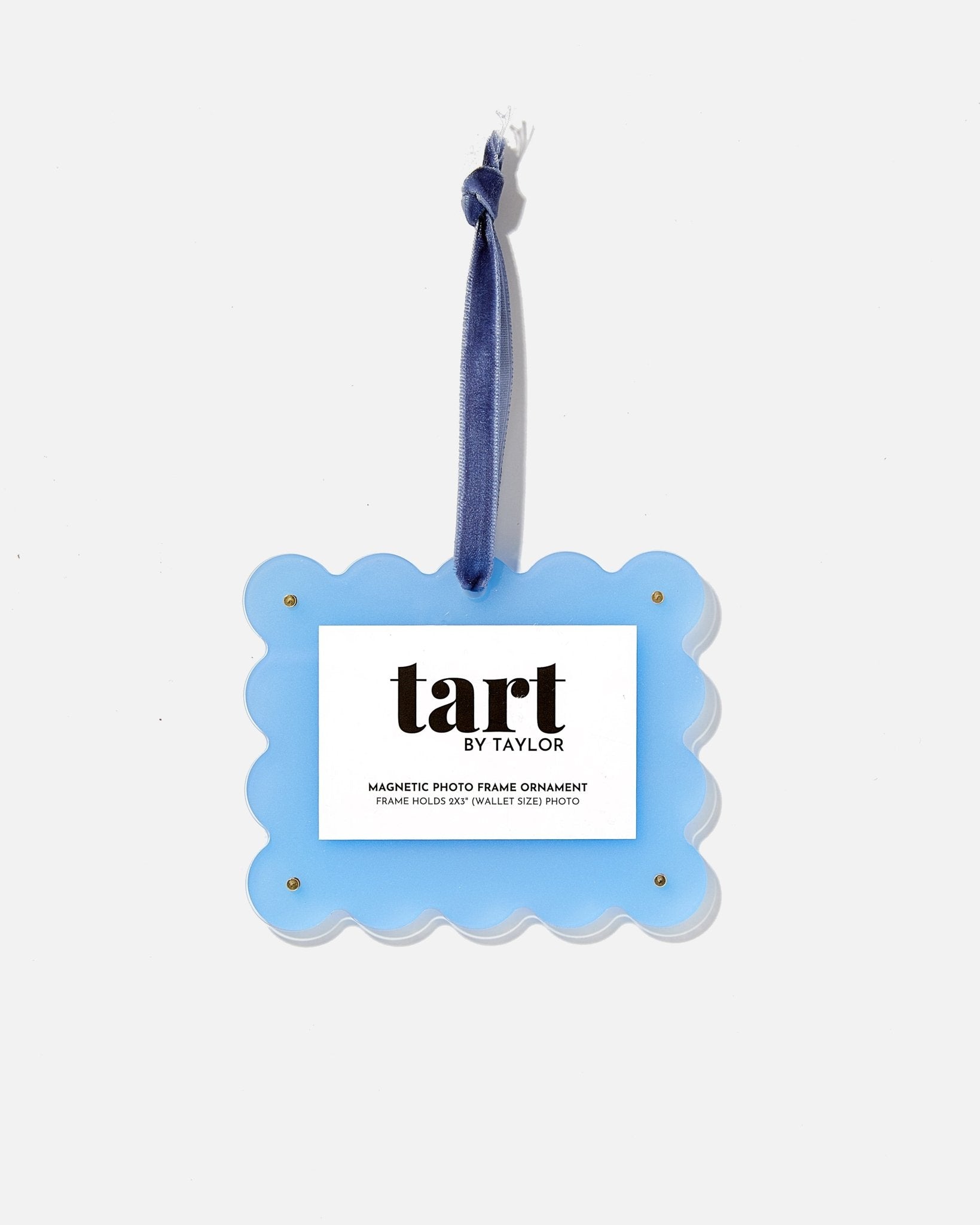 Blue magnetic photo frame ornament with 'tart by Taylor' branding on a white background