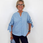 Woman wearing a blue polka dot shirt and black pants against a white background