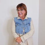 woman wearing a denim mix trench coat against a white background. 