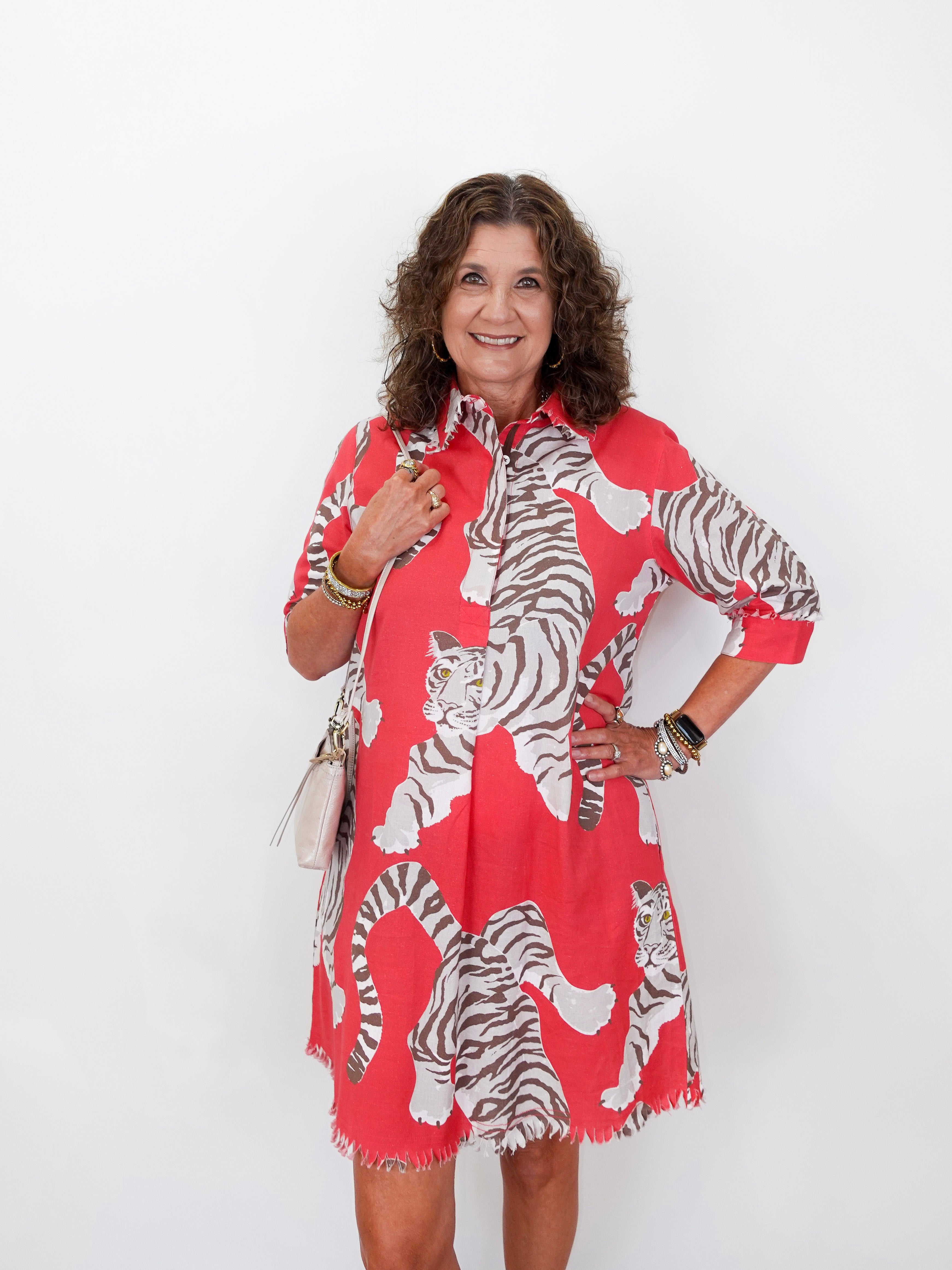 shirt dress patterned Collared Tiger Shirt Dress