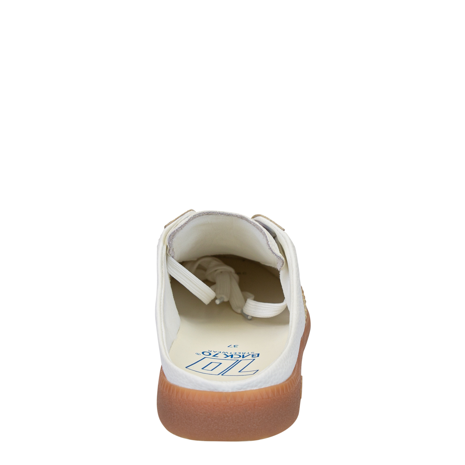 White sneaker with brown sole on a white background