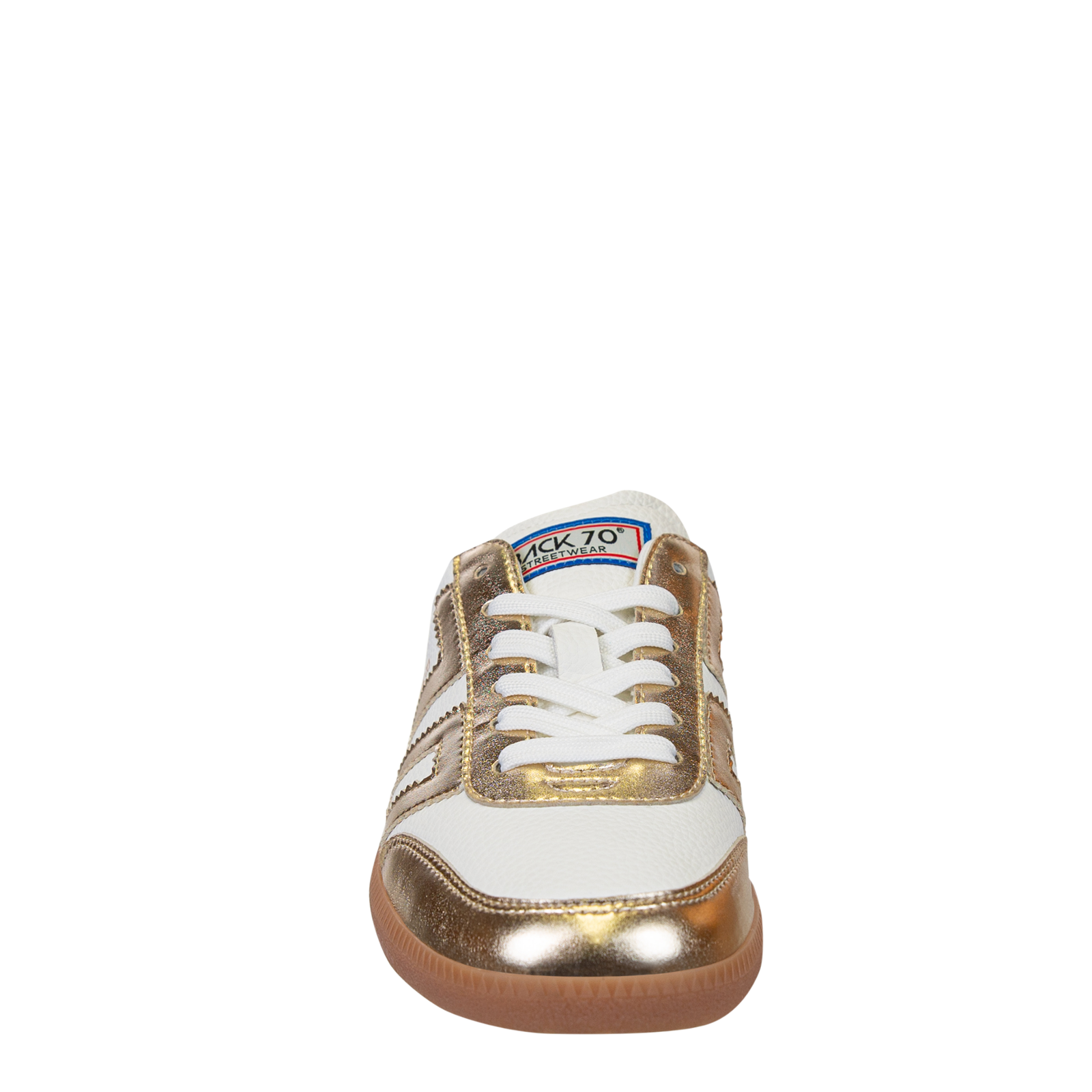A single low-top sneaker shown from the side profile on a plain white background. The shoe features a white leather base with metallic gold leather overlays, white laces, and a brown gum sole.