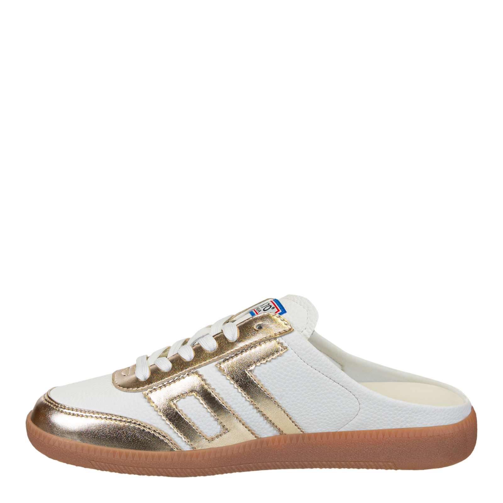 White and gold sneaker with a visible brand logo on a white background