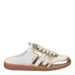 White and gold sneaker with brown sole on a white background
