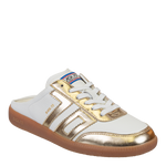White and gold sneaker with visible brand logo on a white background