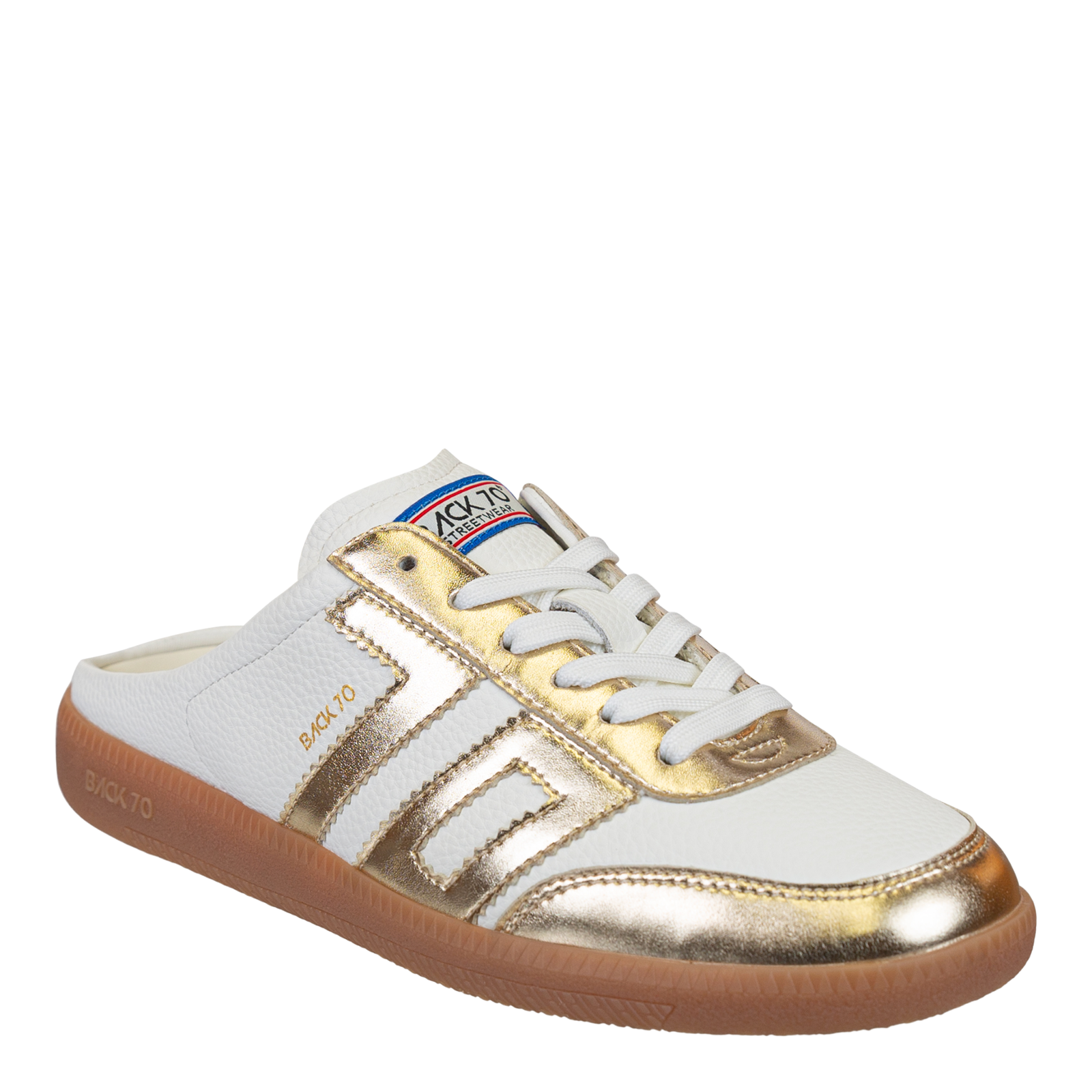 White and gold sneaker with visible brand logo on a white background