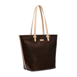 Brown tote bag with beige handles on a white background