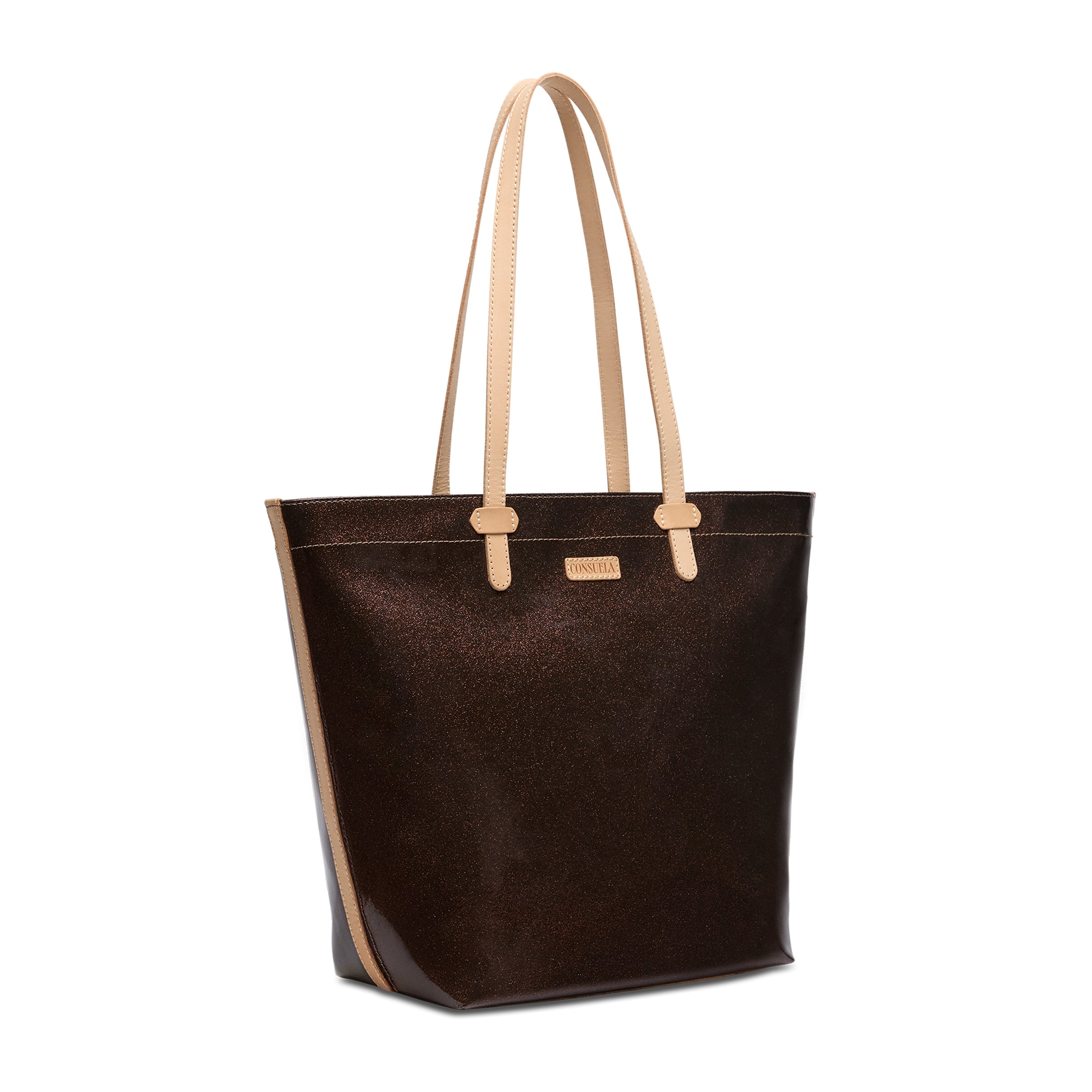 Brown tote bag with beige handles on a white background