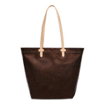 Brown tote bag with beige handles on a white background