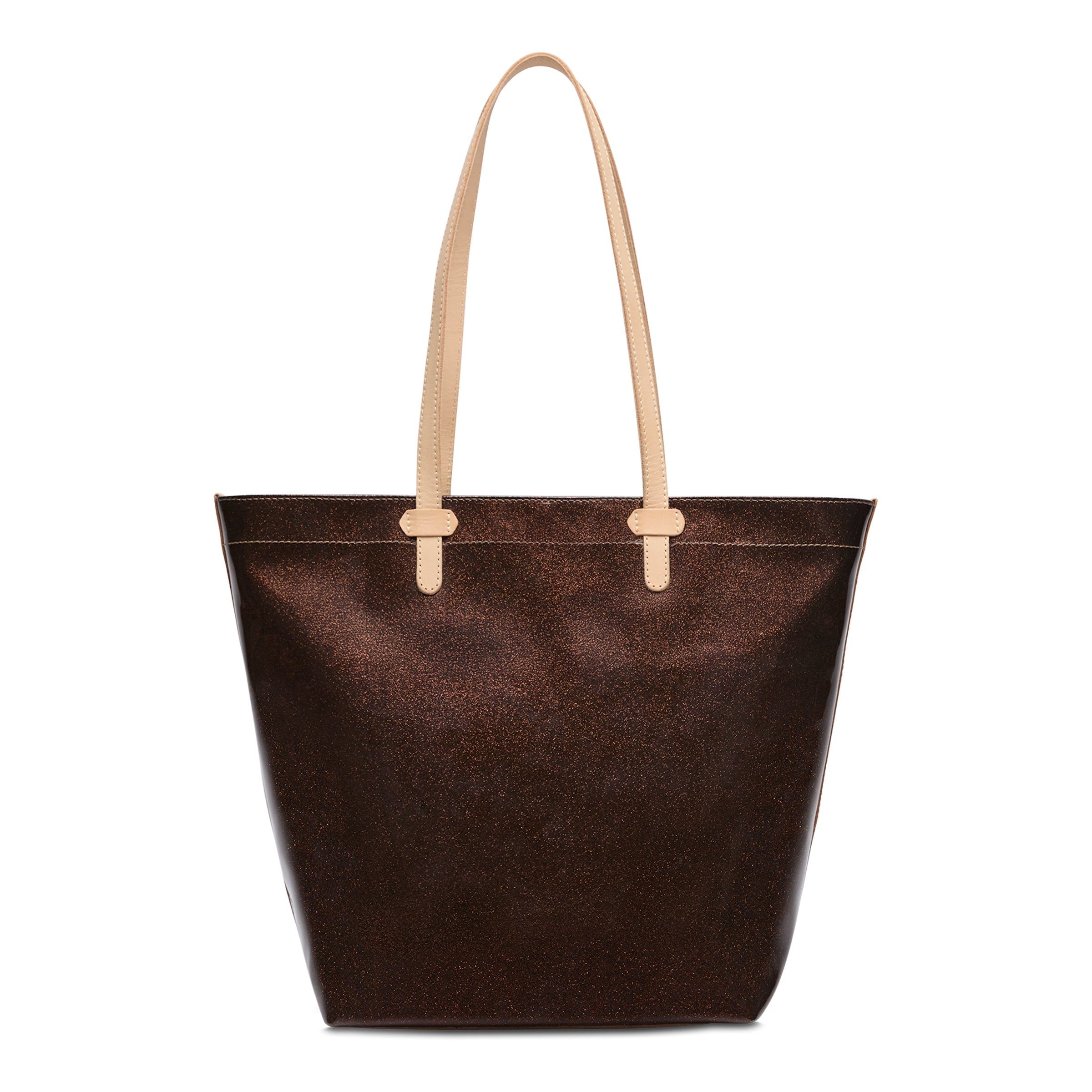 Brown tote bag with beige handles on a white background