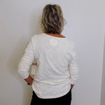 Person wearing a white long-sleeve shirt against a plain white wall