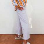 Person wearing a colorful striped shirt, light purple pants, and silver shoes on a white background.