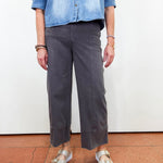 A person wearing dark charcoal gray cropped wide-leg trousers, a light blue denim shirt, and white platform sandals, standing against a plain white wall.